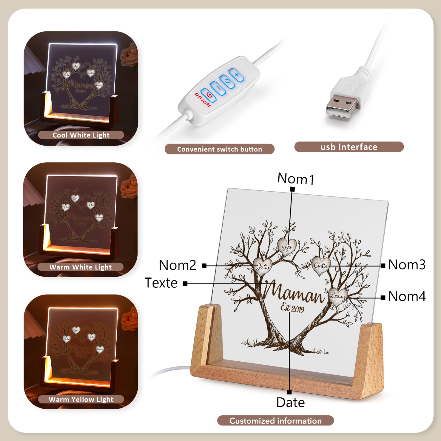 À Maman/Mamie - Lampe de chevet LED Arbre de Vie 4 Prénoms Personnalisés avec Texte et Date pour Famille
