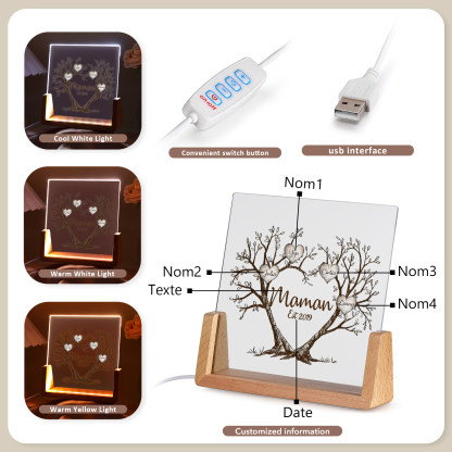 À Maman/Mamie - Lampe de chevet LED Arbre de Vie 4 Prénoms Personnalisés avec Texte et Date pour Famille