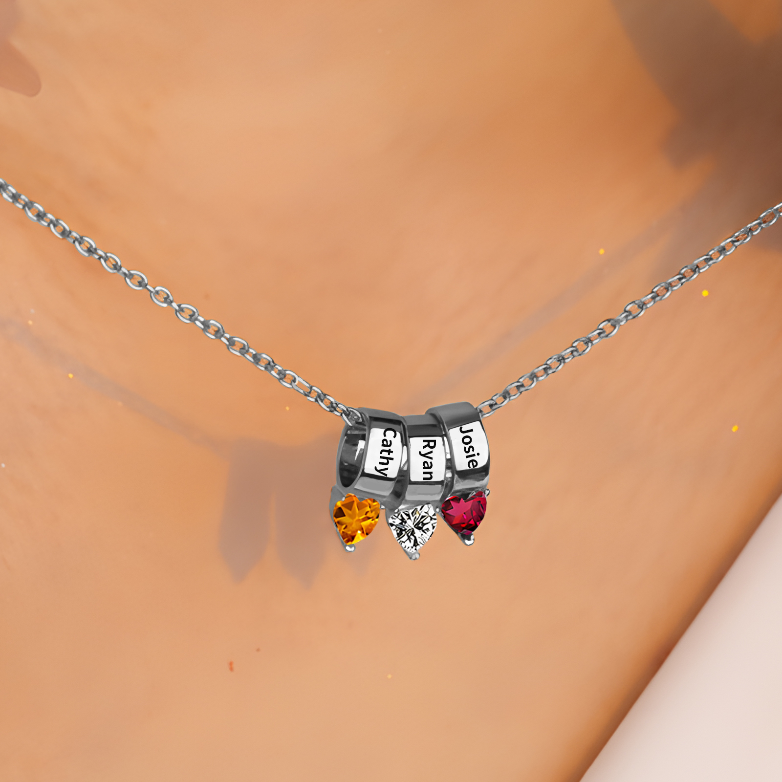 Collier Pendentif Cœur 3 Prénoms et Pierres de Naissance Personnalisés Collier Femmes