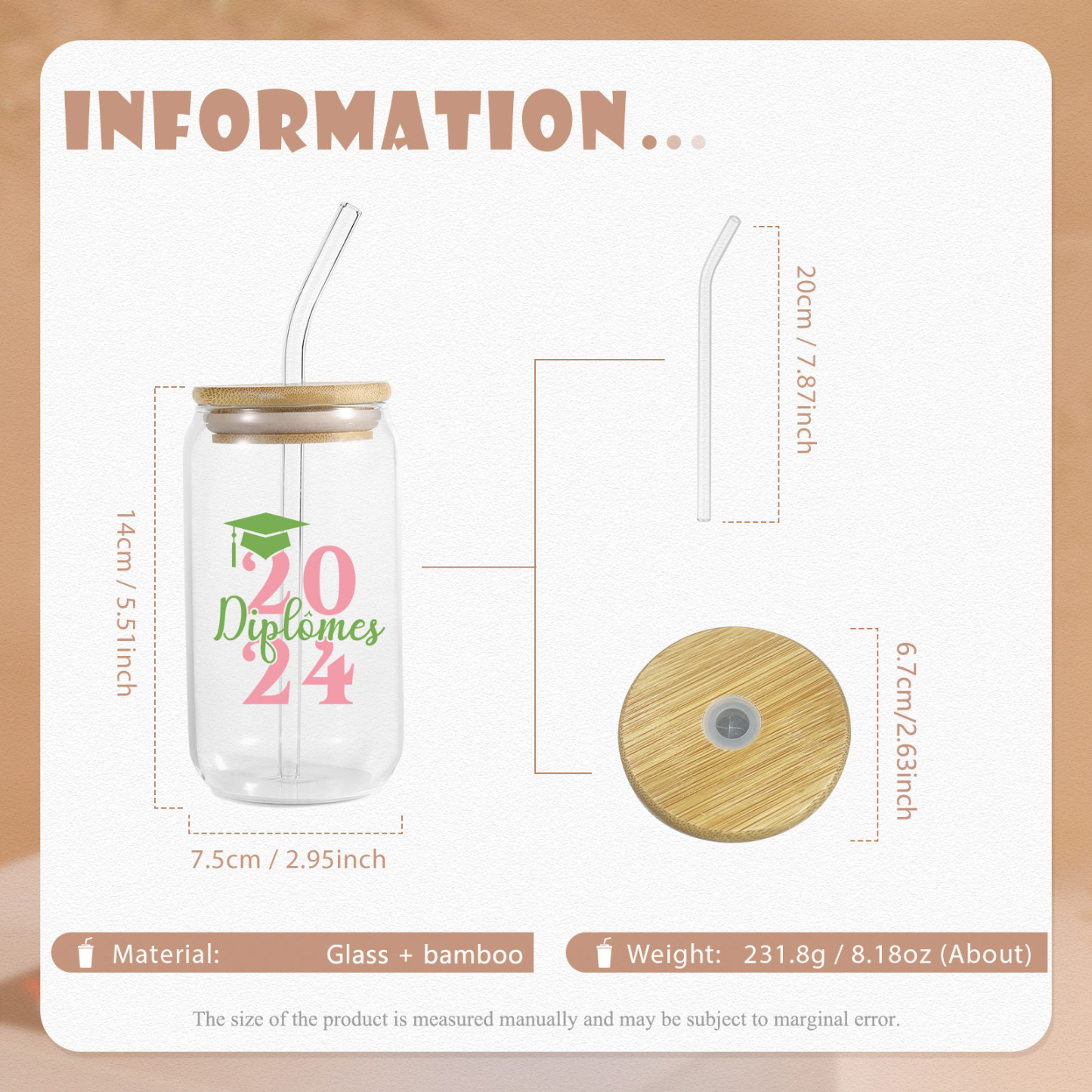Tasse en Verre avec Paille Prénom et Années Personnalisés Cadeau de remise des Diplômes