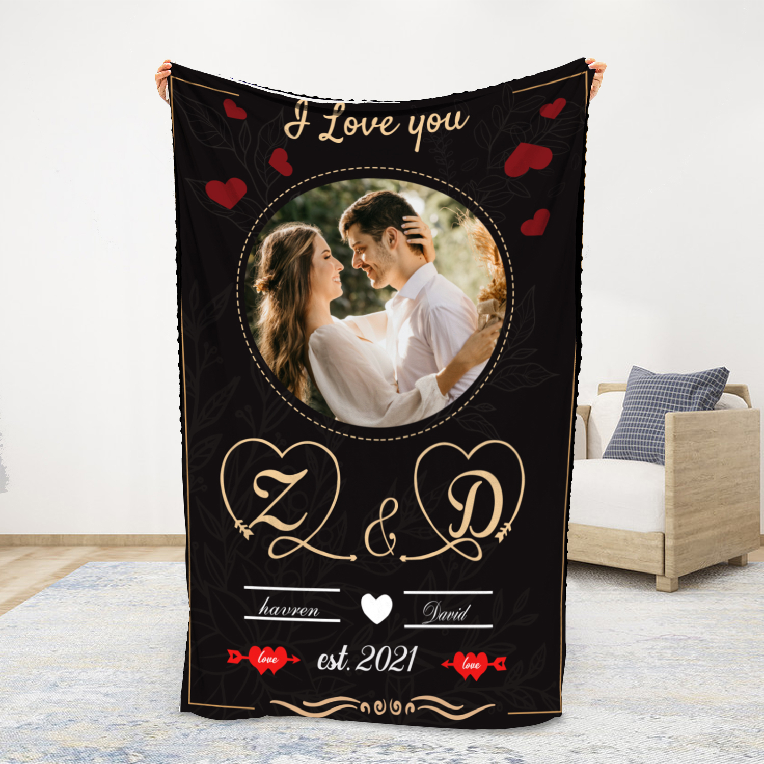 Jessemade FR Couverture plaids polaire amour 2 Prénoms Personnalisé avec date et photo et 2 lettres et années