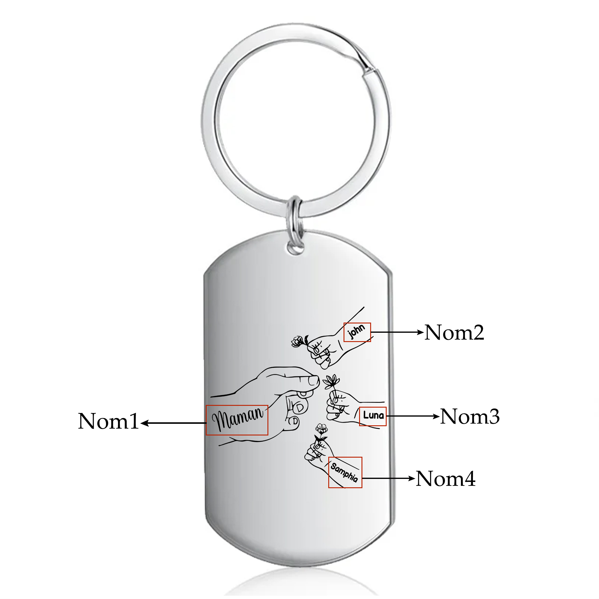 À ma Maman/Mamie - Porte-Clés 2-7 Prénoms Personnalisés Porte-Clés Mains et Fleurs