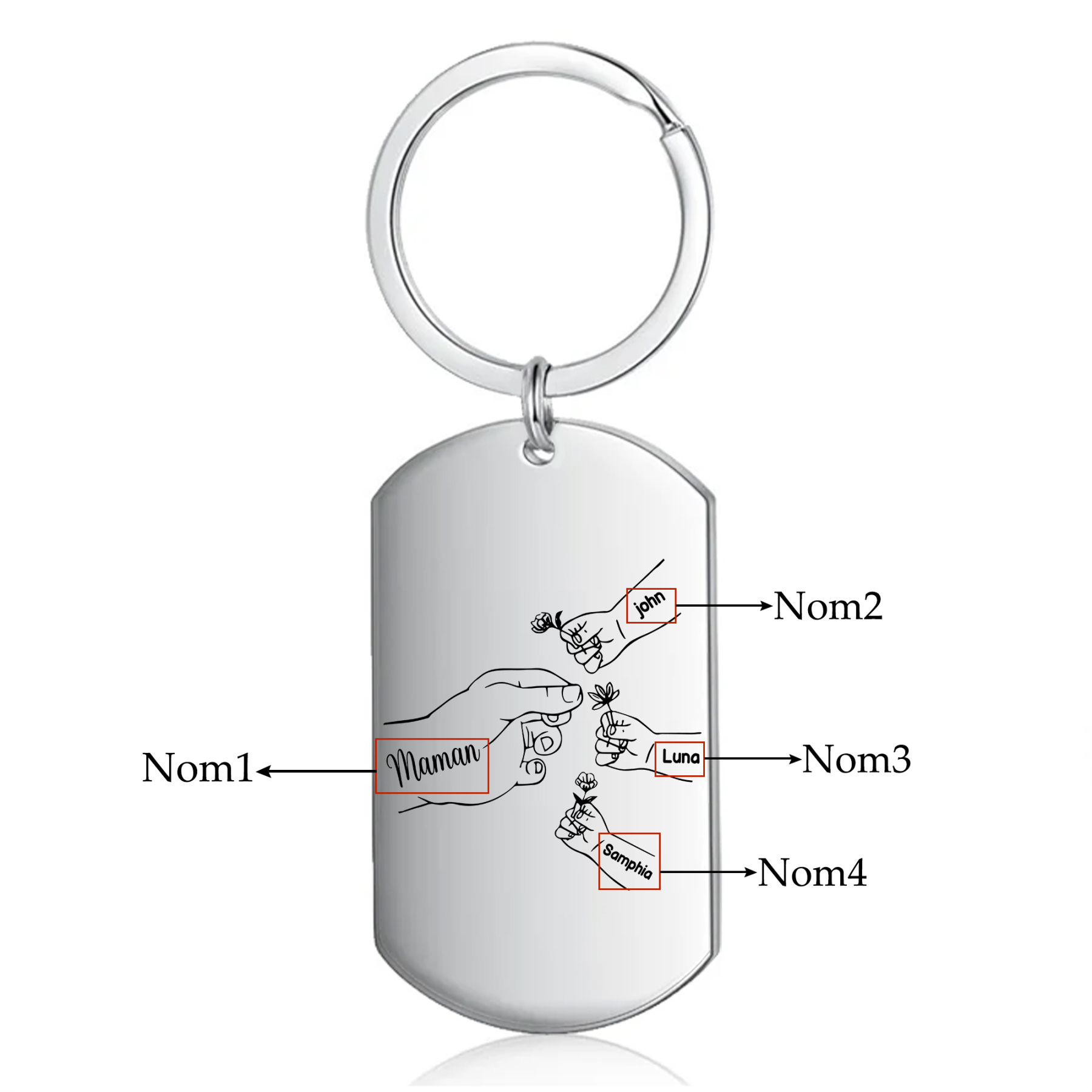 À ma Maman/Mamie - Porte-Clés 2-7 Prénoms Personnalisés Porte-Clés Mains et Fleurs