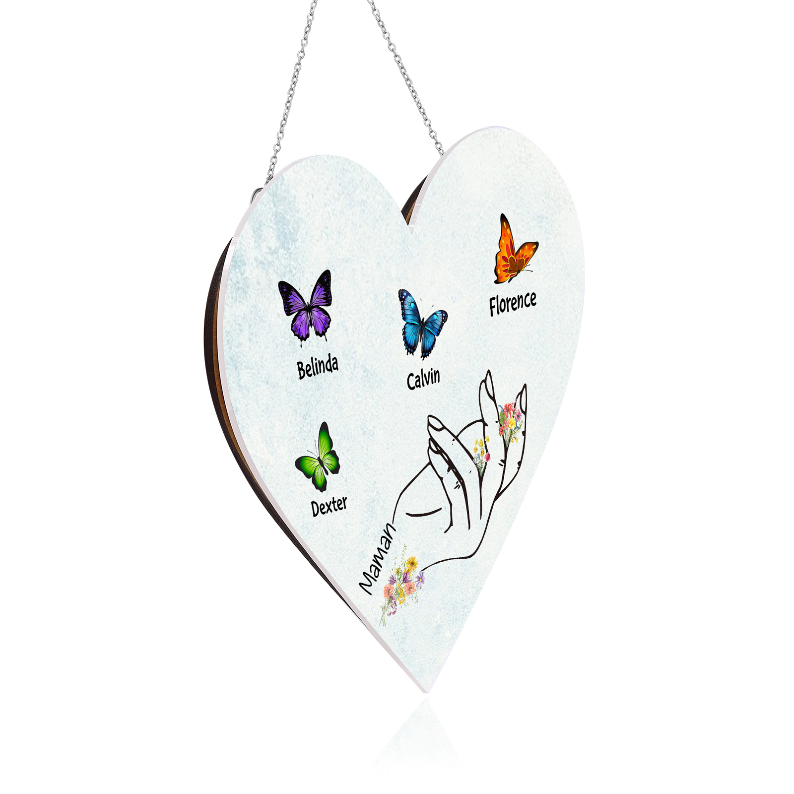 À Maman/Mamie - Veilleuse Cœur Décoration Main et Papillon 4 Prénoms Personnalisés avec 1 Texte