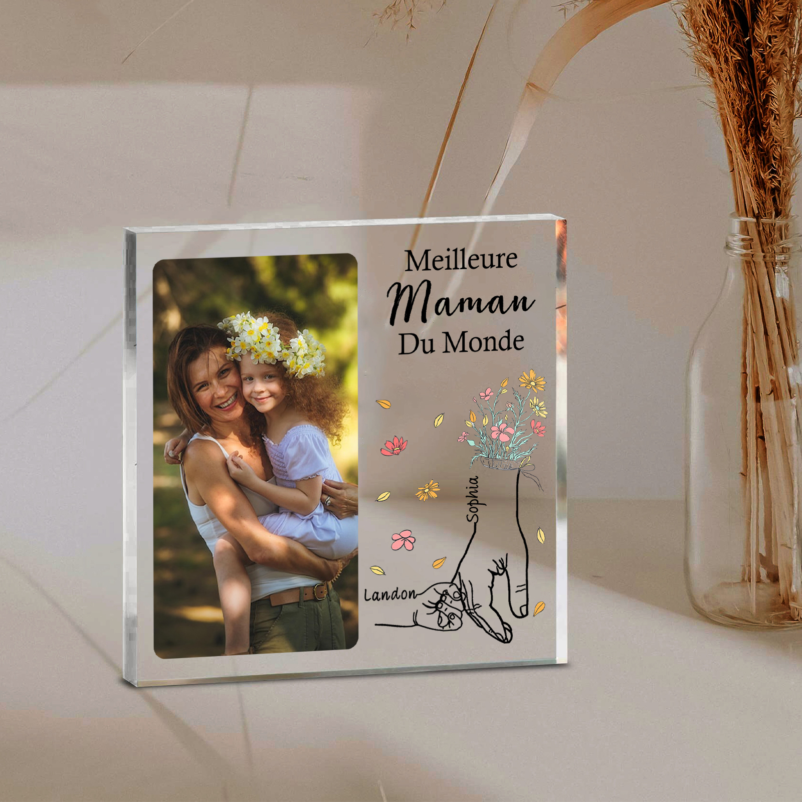 À ma Maman - Plaque Acrylique Carrée la Main dans la Main 2 Prénoms Personnalisés avec Photo