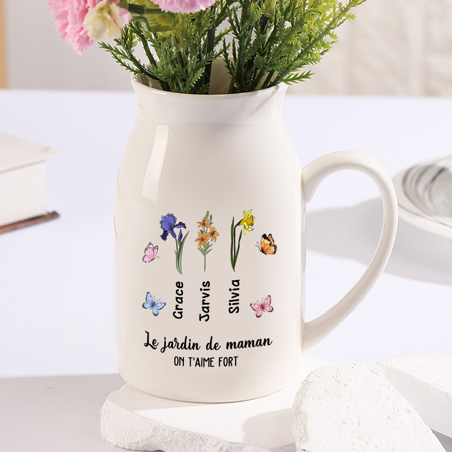 Vase à Fleurs Papillon 3 Prénoms et Fleurs de Naissance Personnalisés avec 2 Textes Décoration de la Maison