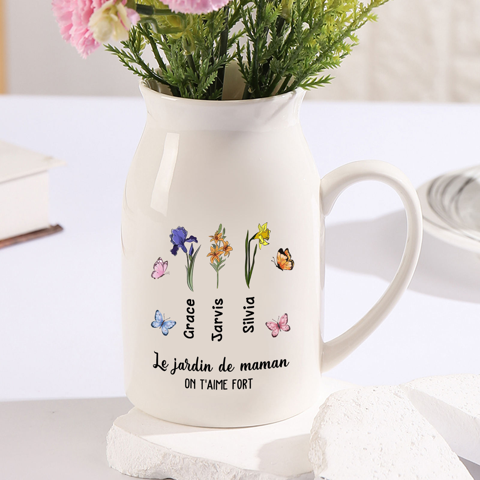 Vase à Fleurs Papillon 3 Prénoms et Fleurs de Naissance Personnalisés avec 2 Textes Décoration de la Maison