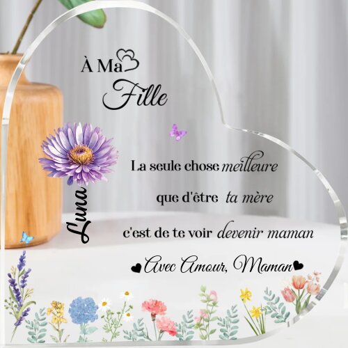À ma Fille - Plaque Acrylique Cœur personnalisé avec 1 Prénom, Fleur de naissance et Texte Déco de Maison | Jessemade