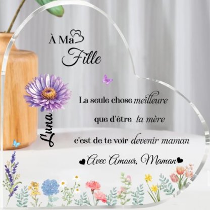 À ma Fille - Plaque Acrylique Cœur personnalisé avec 1 Prénom, Fleur de naissance et Texte Déco de Maison | Jessemade