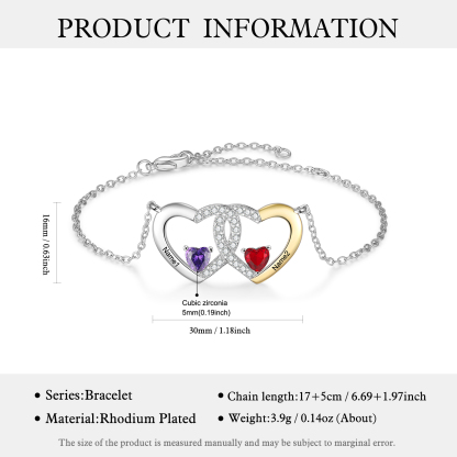 Bracelet Cœur Braelet Personnalisé Femme 2 Prénoms Personnalisé avec 2 Pierres de Naissance｜Jessemade