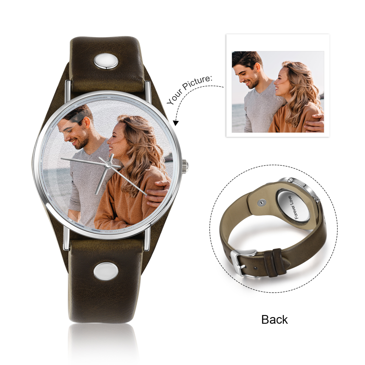 Jessemade FR Montre Personnalisée Photo avec Gravure du prénom ou Message Bracelet en Cuir