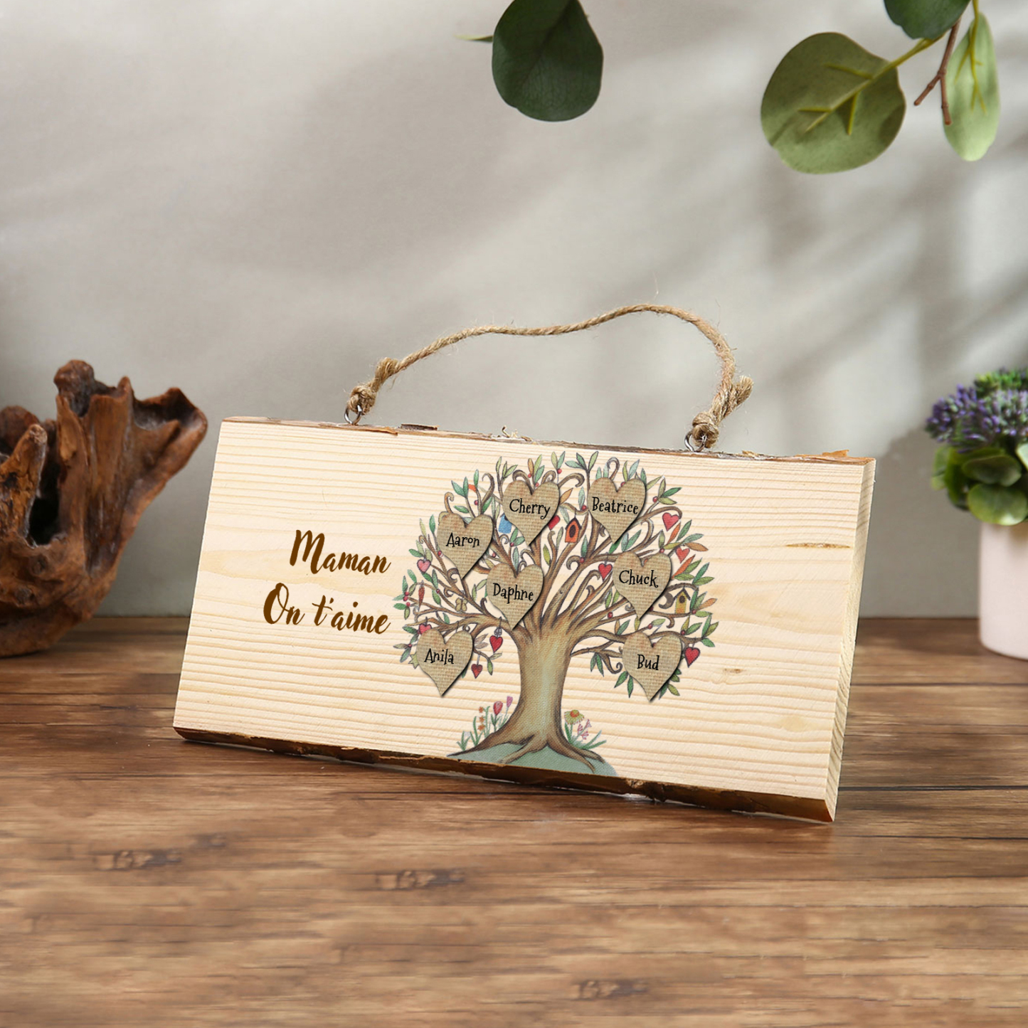 Décoration en bois Arbre de Vie 3-7 Prénoms Personnalisés avec Texte pour Famille Peinture Décorative