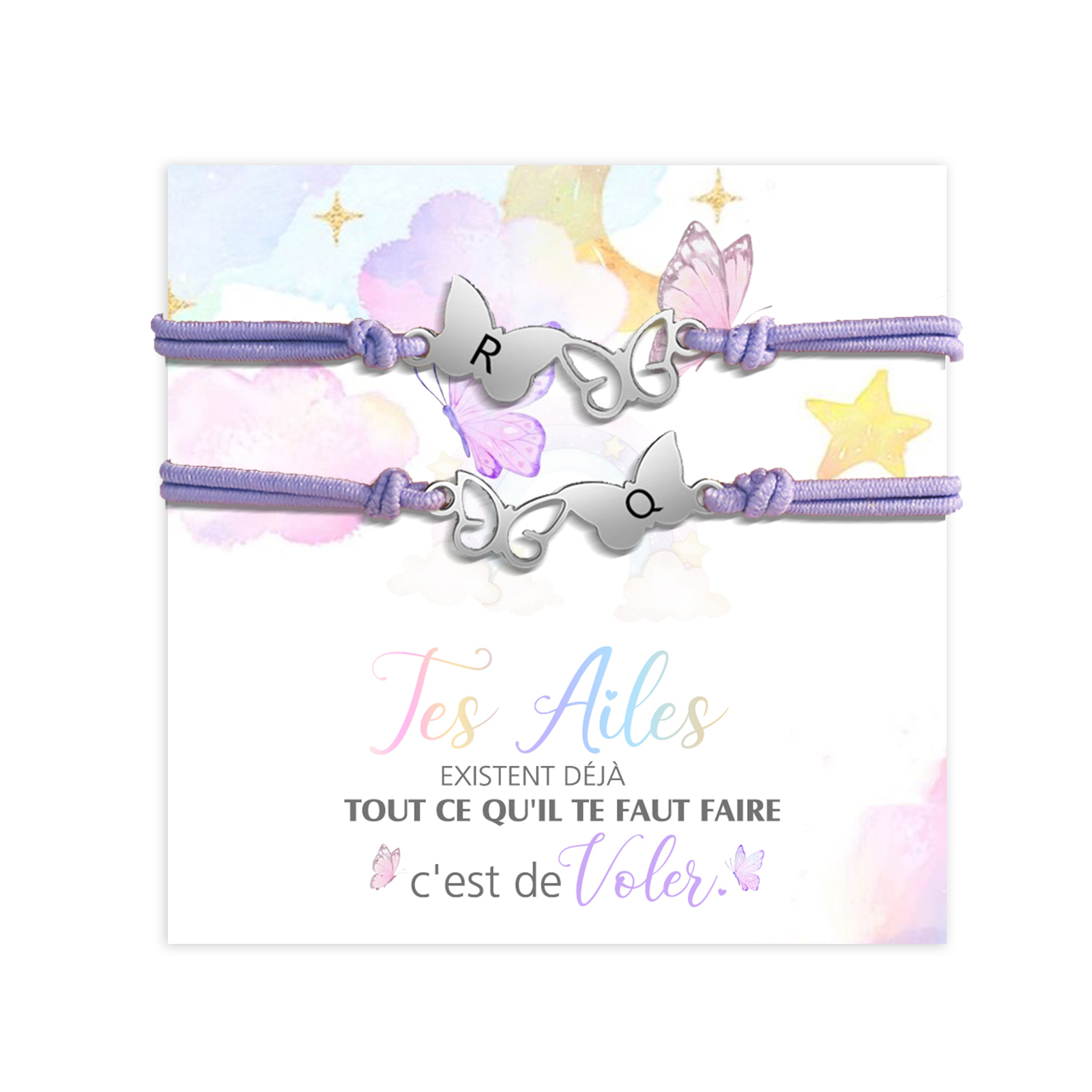Jessemade FR 2PCS Ensemble de Bracelets Papillons 2 Lettres Personnalisées Corde élastiques - Cadeau Rentrée Scolaire