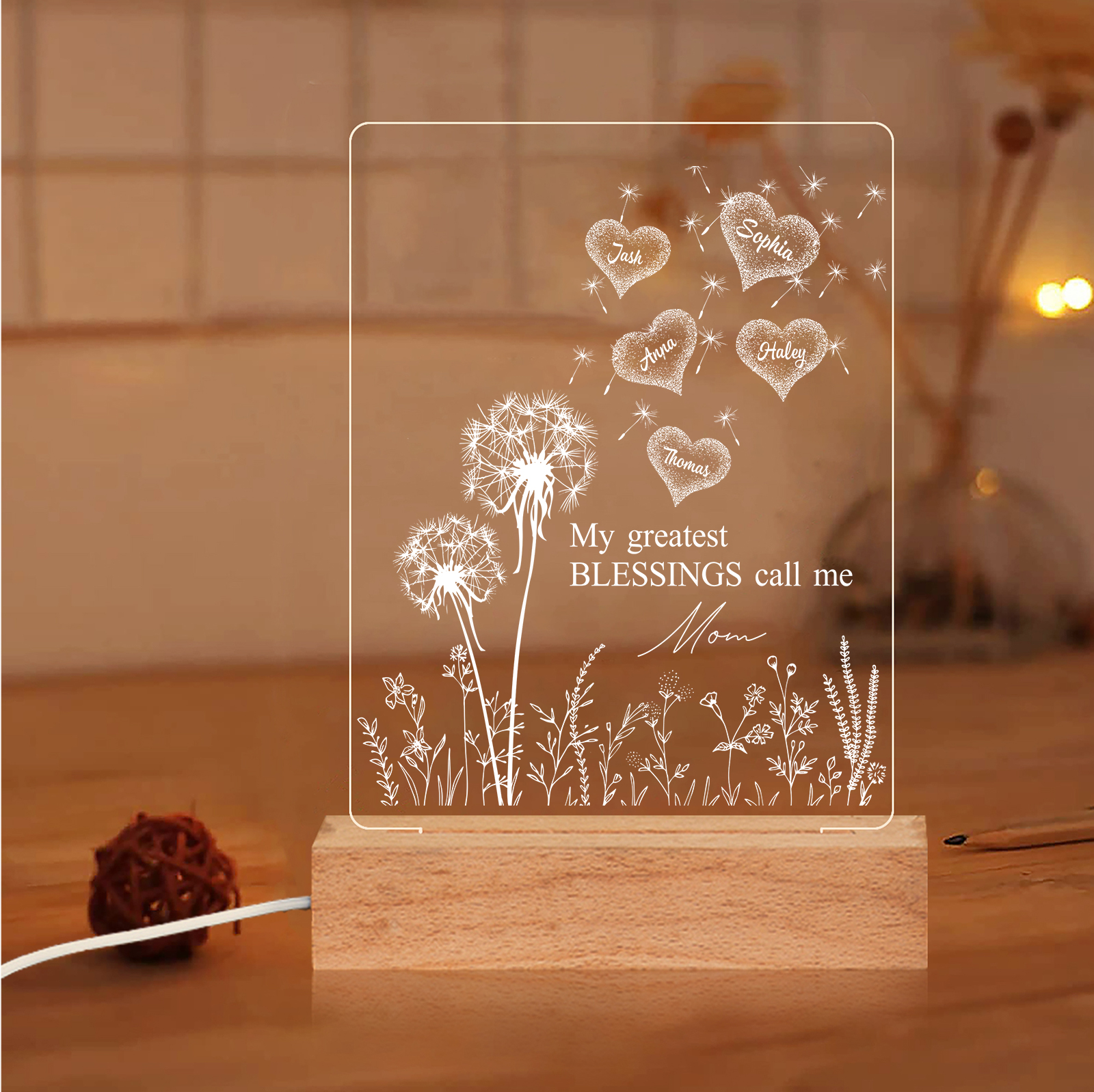 À Maman/Mamie - Lampe de chevet LED Pissenlit 5 Prénoms Personnalisés avec 2 Textes pour Famille