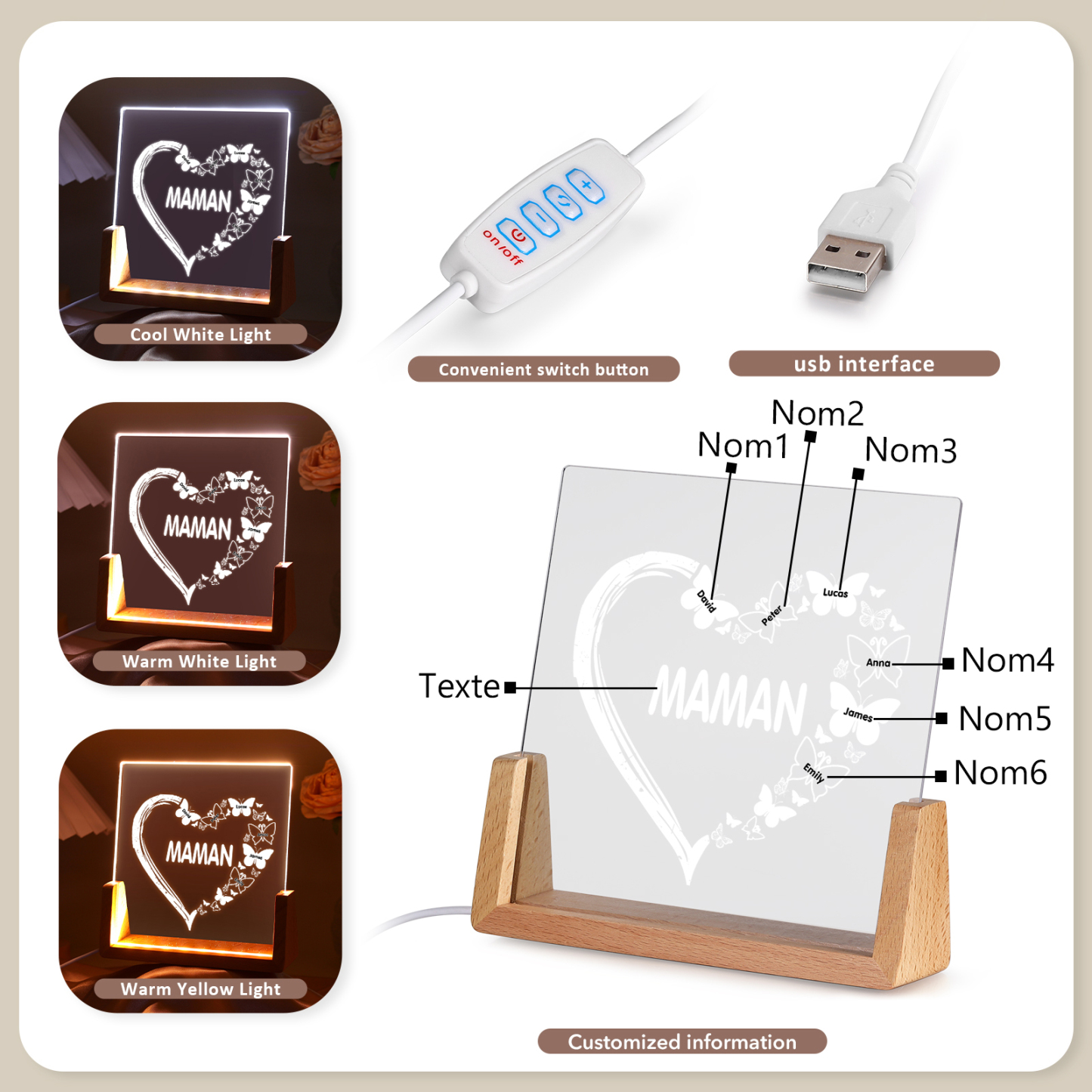 À Maman/Mamie - Lampe de chevet LED Cœur et Papillon 6 Prénoms Personnalisés avec Texte pour Famille