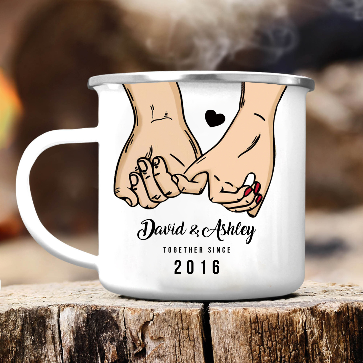 Tasse émaillée 2 Prénoms Personnalisés avec Texte et Année pour Couple promesse du petit doigt