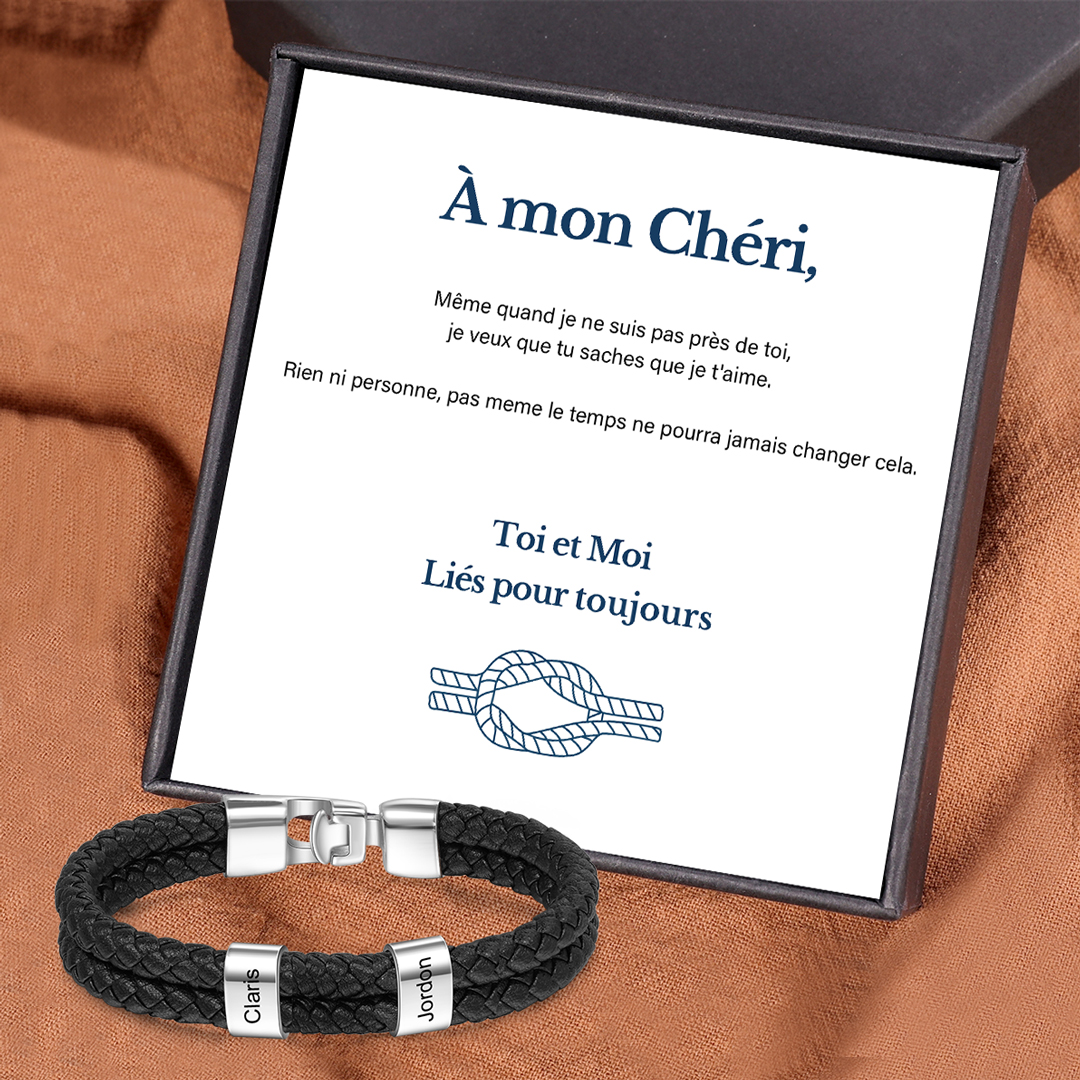 À Mon Chéri - Bracelet Cuir tressé 2 Perles Prénom Personnalisé Bracelet Homme