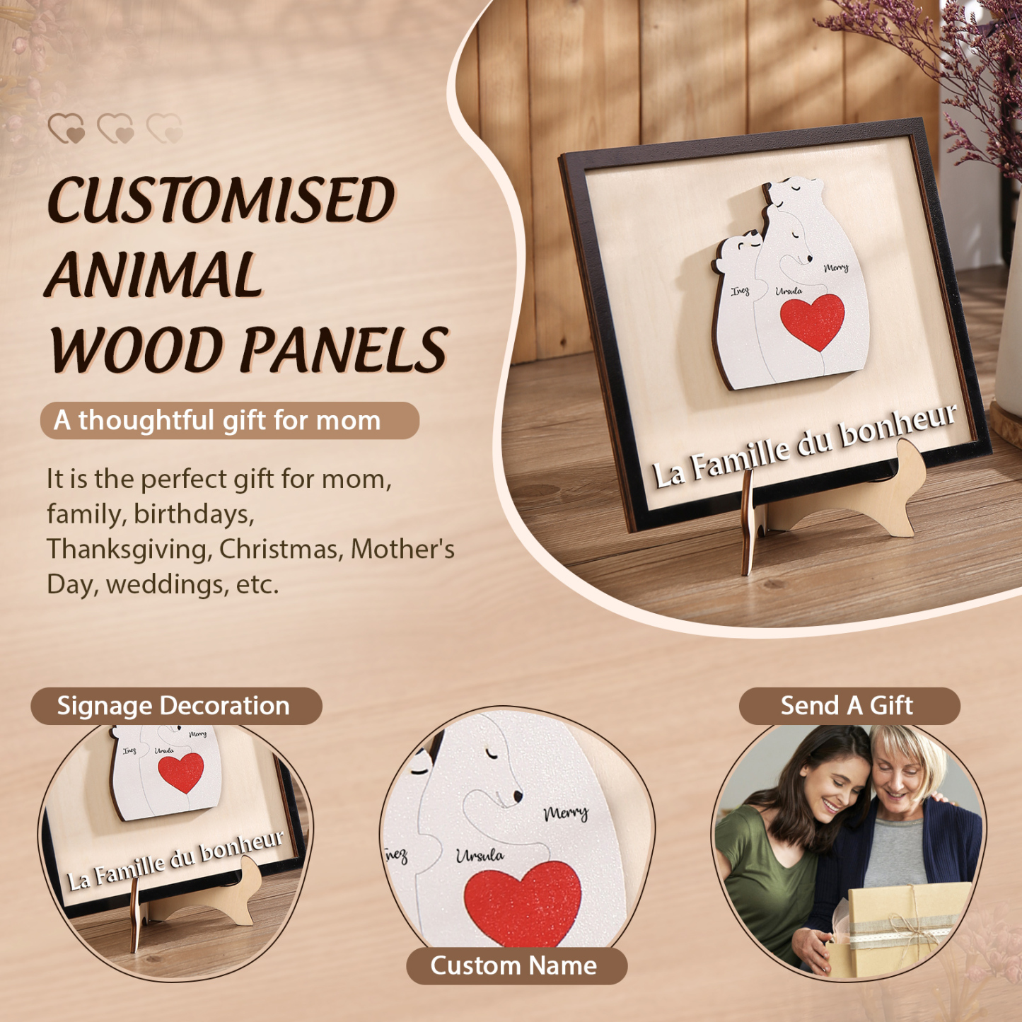 À ma Famille - Décoration en bois Ours 3 Prénoms Personnalisés Ornement pour Famille