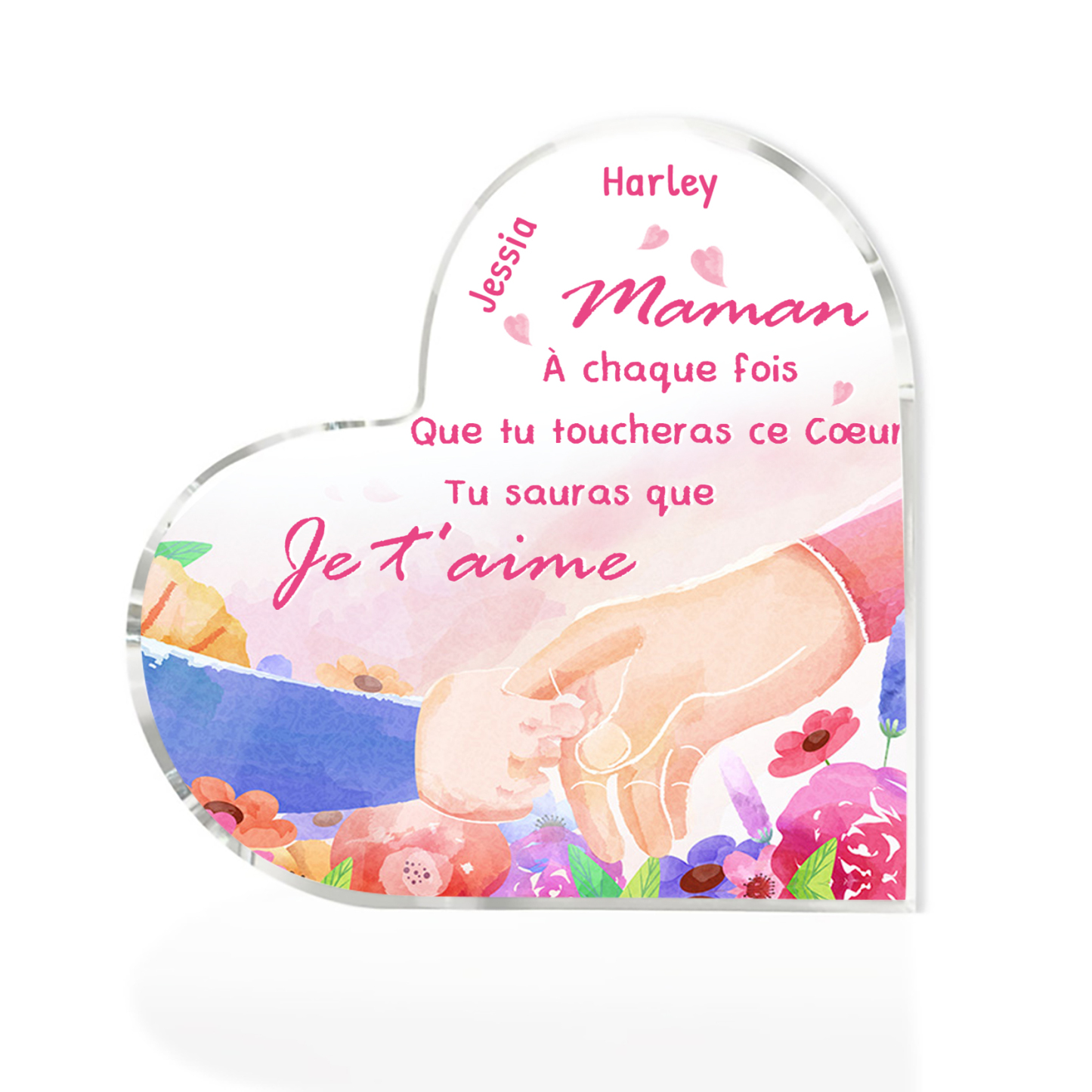 À ma Maman - Plaque Acrylique en Forme de Cœur 2 Prénoms Personnalisés la Mian dans la Main