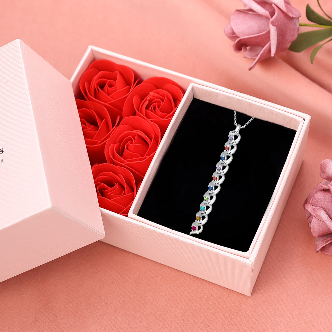 Collier Personnalisé DNA avec 2 Prénoms et Pierres de naissance pour Femme｜Jessemade