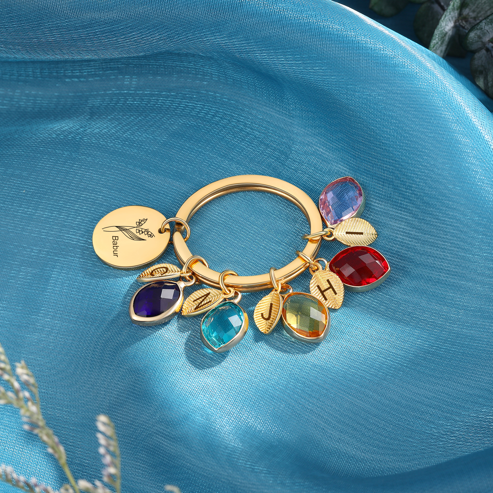 Porte-Clés Fleur de Naissance Feuilles 1 Prénom et 5 Lettres Personnalisés avec 5 Pierres de Naissance