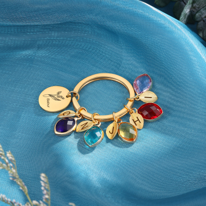 Porte-Clés Fleur de Naissance Feuilles 1 Prénom et 5 Lettres Personnalisés avec 5 Pierres de Naissance