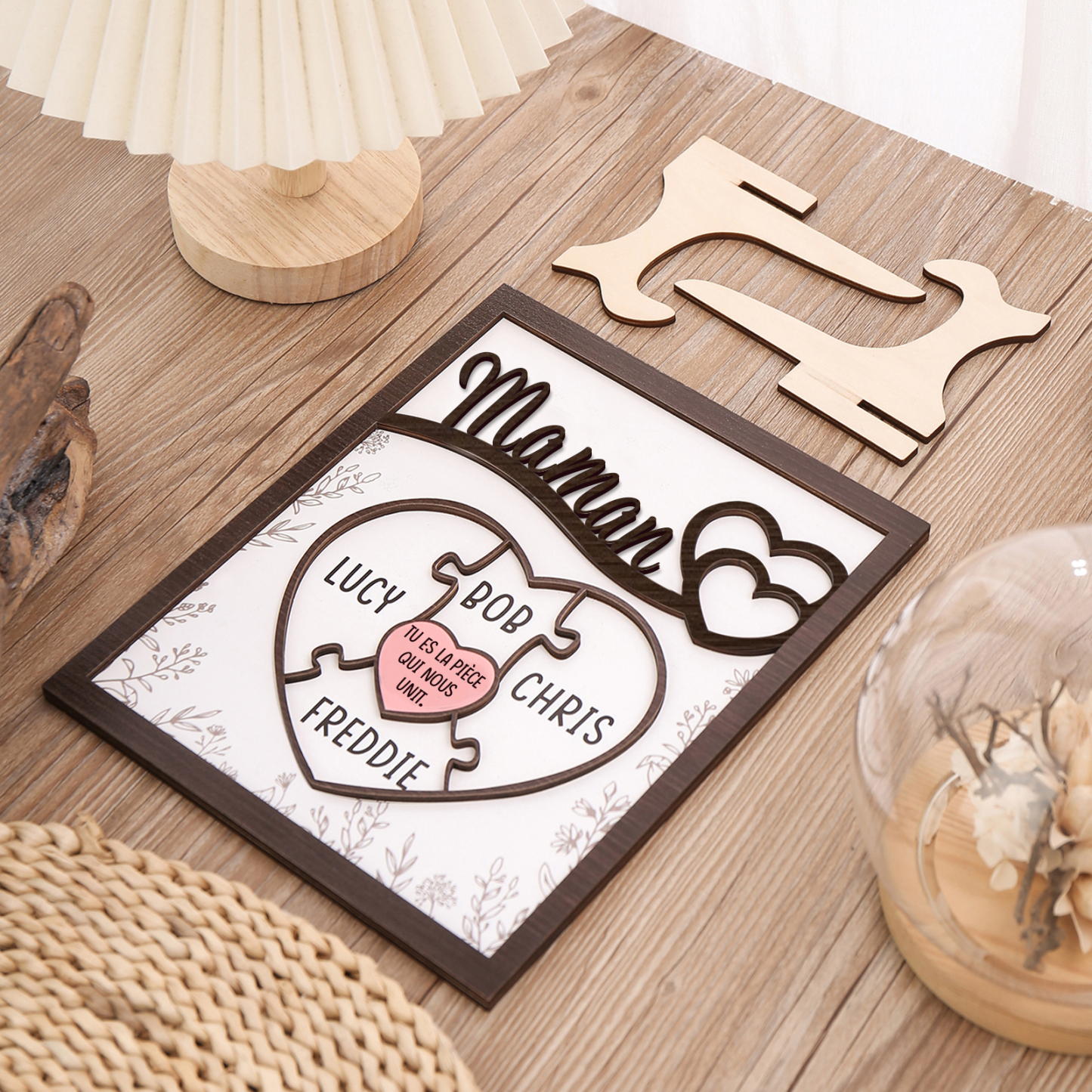 À ma Maman - Décoration en bois Cœur et Puzzle 4 Prénoms Personnalisés Ornement pour Famille