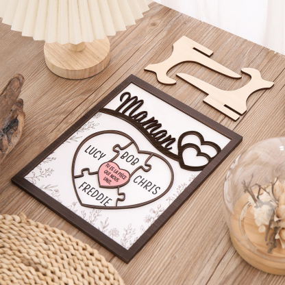 À ma Maman - Décoration en bois Cœur et Puzzle 4 Prénoms Personnalisés Ornement pour Famille