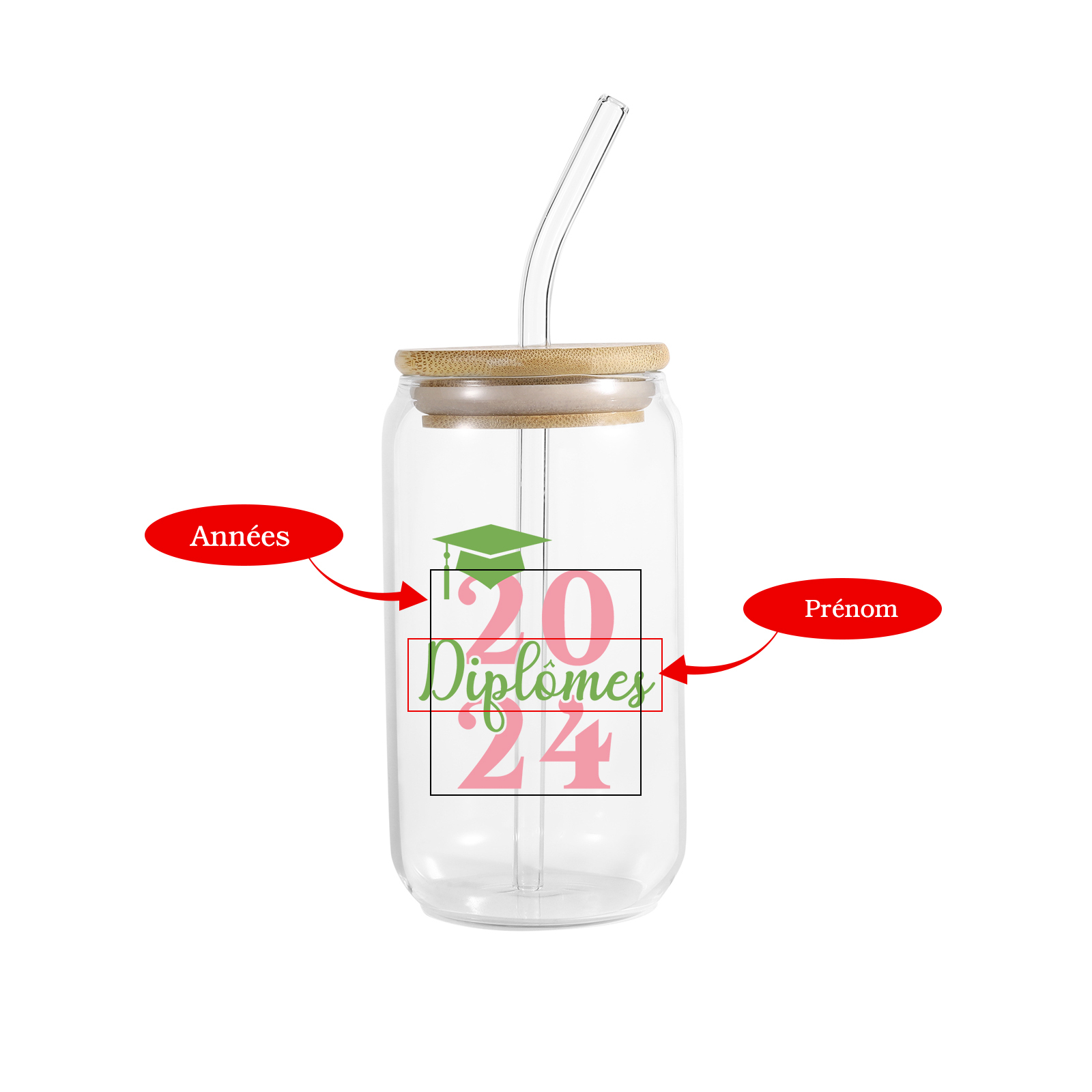 Tasse en Verre avec Paille Prénom et Années Personnalisés Cadeau de remise des Diplômes
