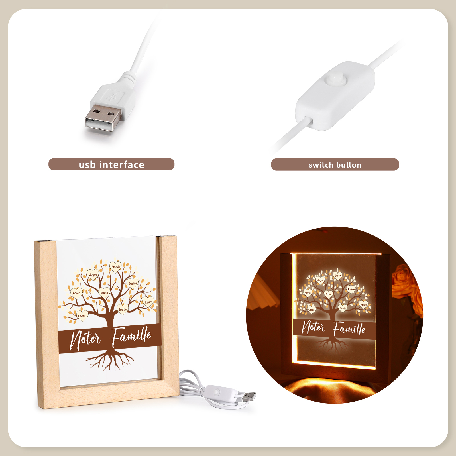 À Maman/Mamie - Lampe de chevet LED Arbre 8 Prénoms Personnalisés avec 1 Texte