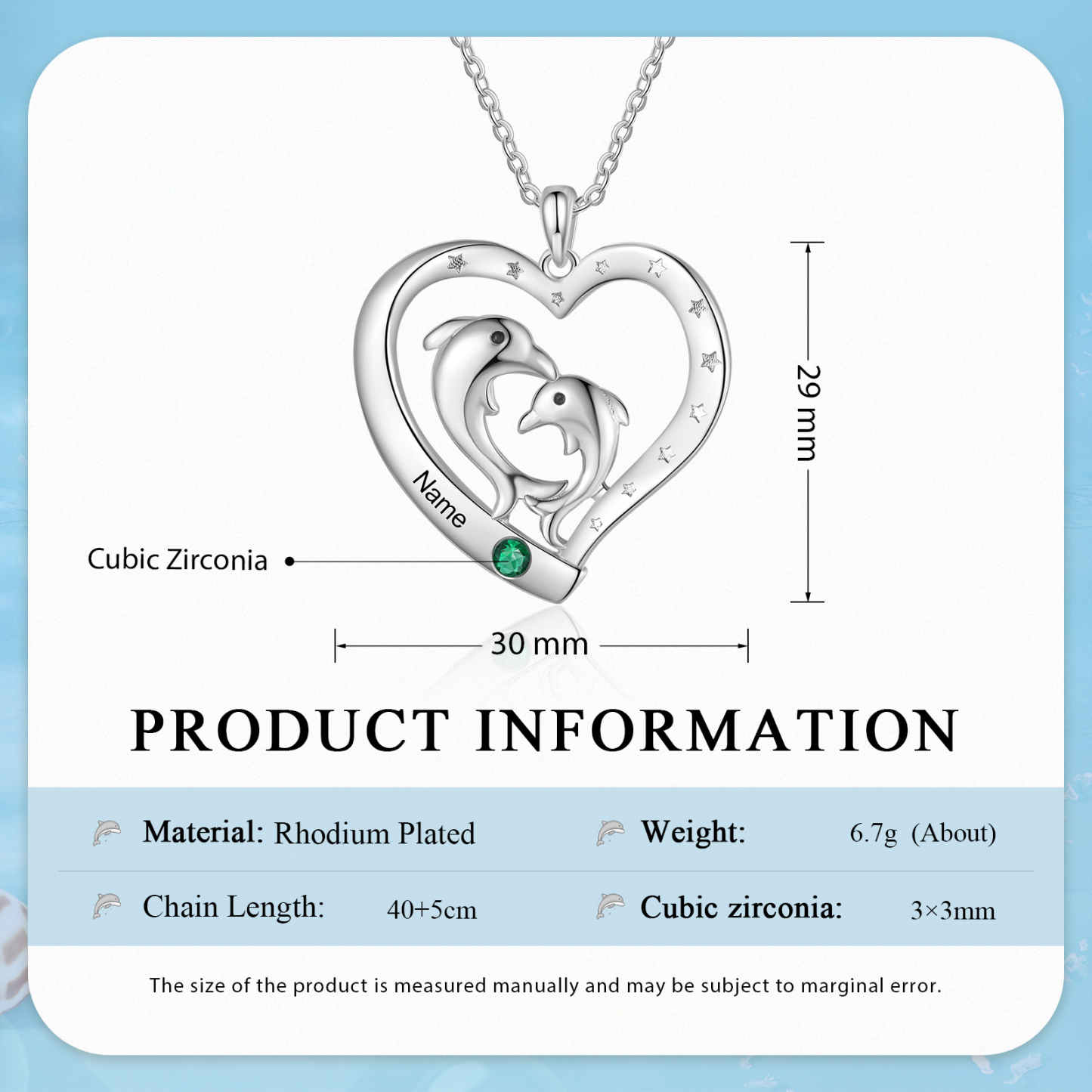 Collier Pendentif Cœur et Dauphin 1 Prénom Personnalisé avec 1 Pierre de Naissance