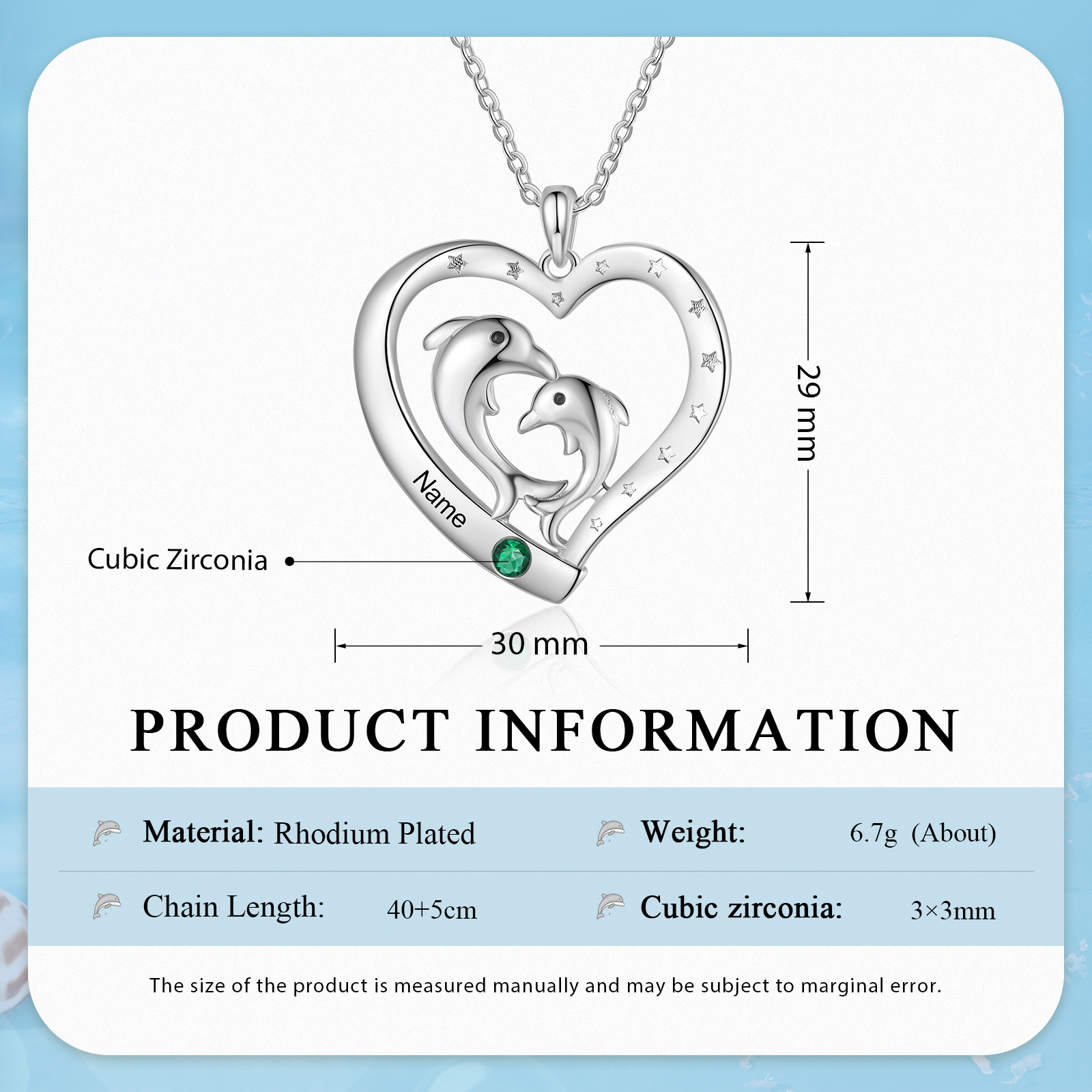 Collier Pendentif Cœur et Dauphin 1 Prénom Personnalisé avec 1 Pierre de Naissance
