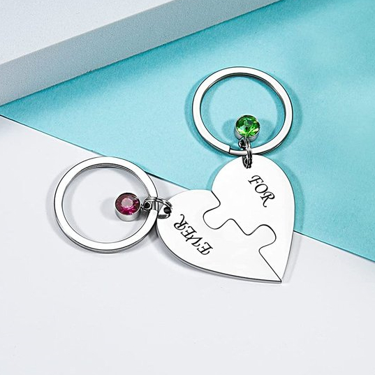 Porte-clés breloque coeur 2 Prénom Personnalisé 2 pierre naissance