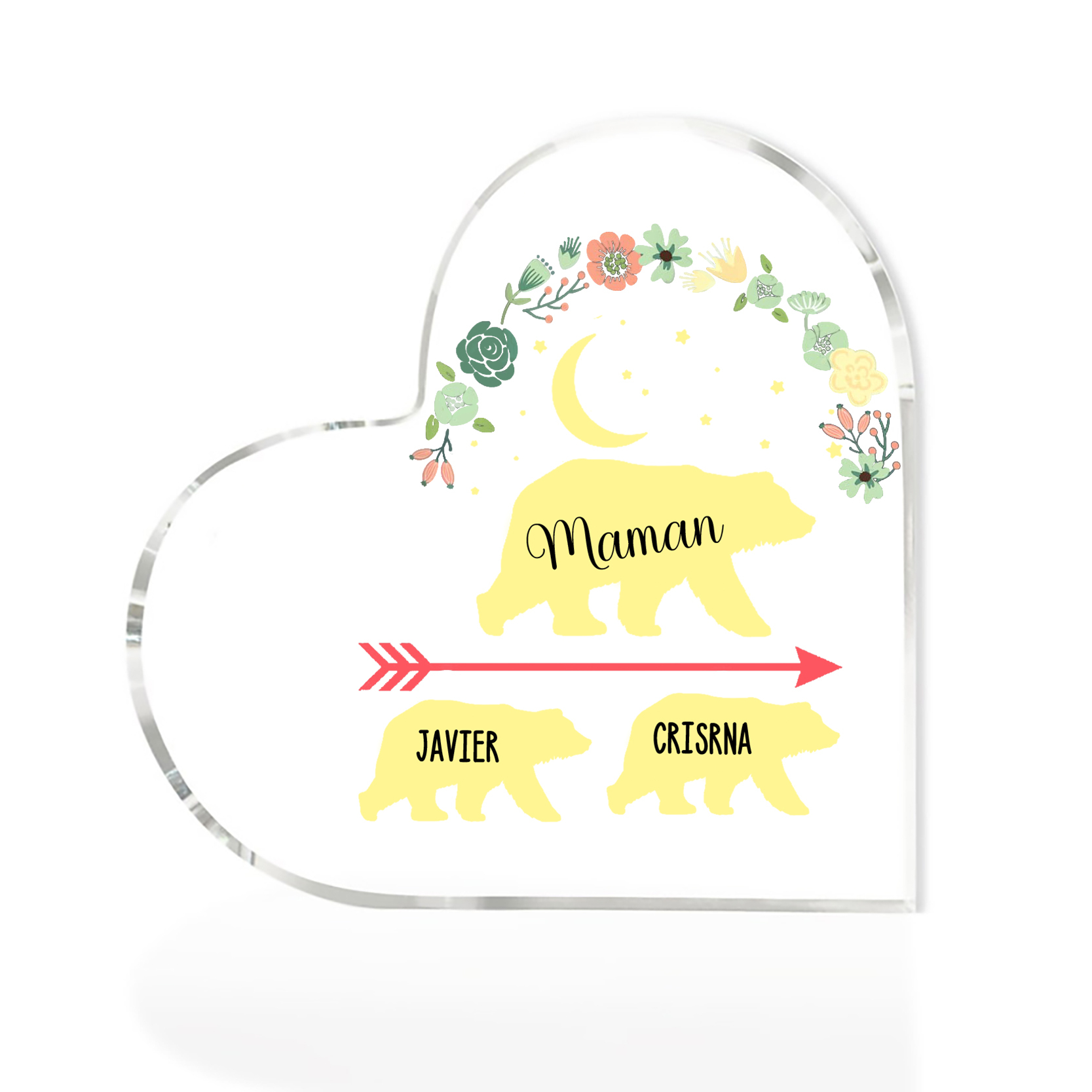À ma Maman - Plaque Acrylique en Forme de Cœur Ours 2 Prénoms Personnalisés