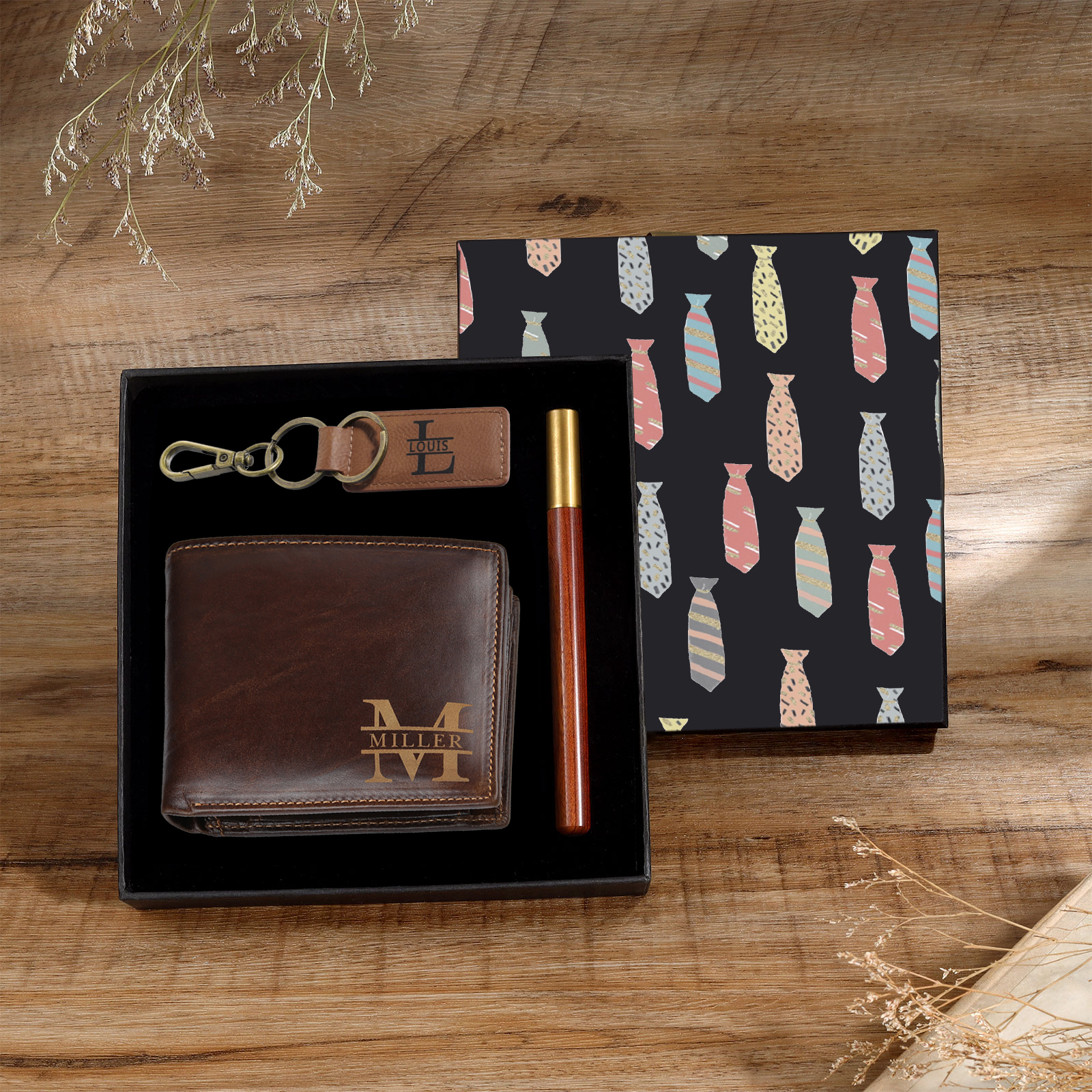 Coffret Cadeau 3PCS - Portefeuille classique Porte-Clés et Stylo 2 Textes Personnalisés avec 2 Prénoms et Lettres Coffret Cadeau pour Homme