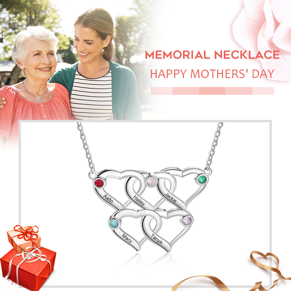 Collier Coeur 5 Prénoms Personnalisés Pendentif avec 5 Pierre de Naissance｜Jessemade