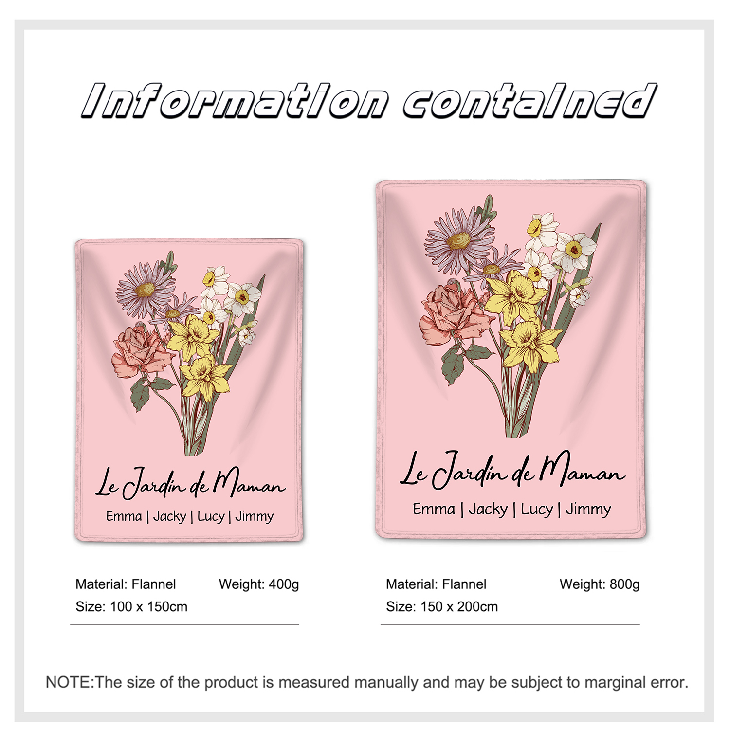 À ma Maman - Plaid Personnalisé avec 4 Prénoms et Fleurs de Naissance Couverture en Flanelle Blanc/Rose le jardin de Maman | Jessemade