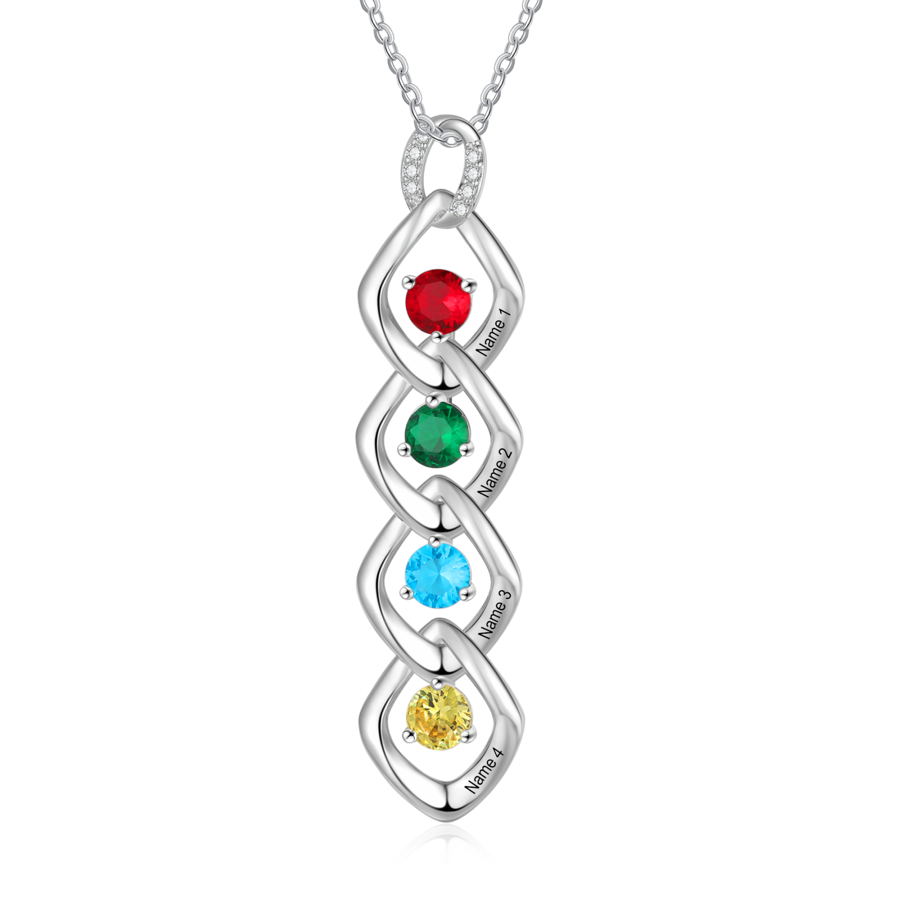 Collier Pendentif 4 Prénoms Personnalisés avec Pierre de naissance pour Femmes