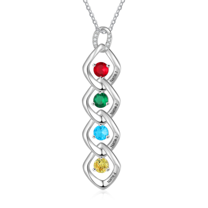 Collier Pendentif 4 Prénoms Personnalisés avec Pierre de naissance pour Femmes