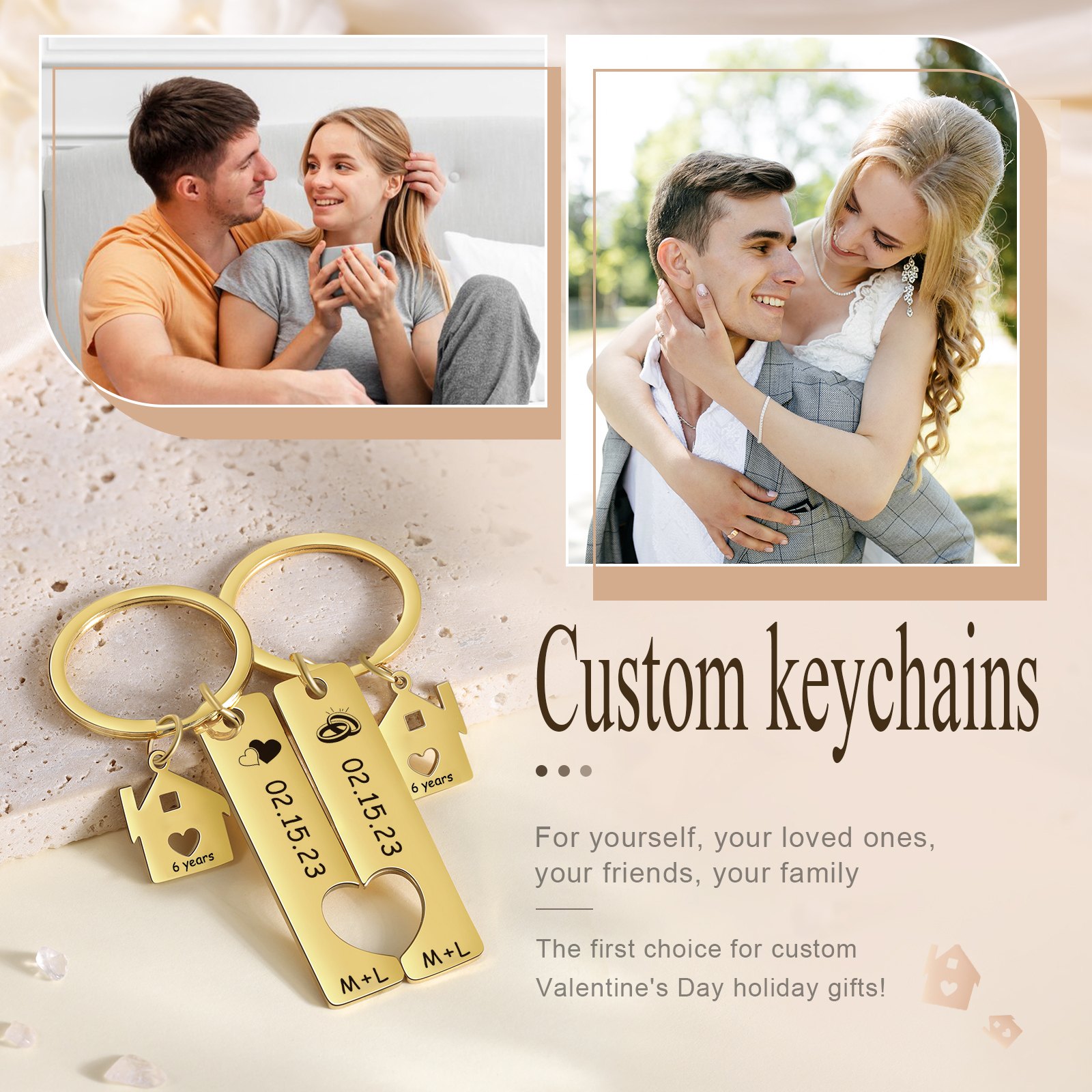 Porte-Clés 2 Lettres et 2 Dates Personnalisées avec 2 Textes pour Couple