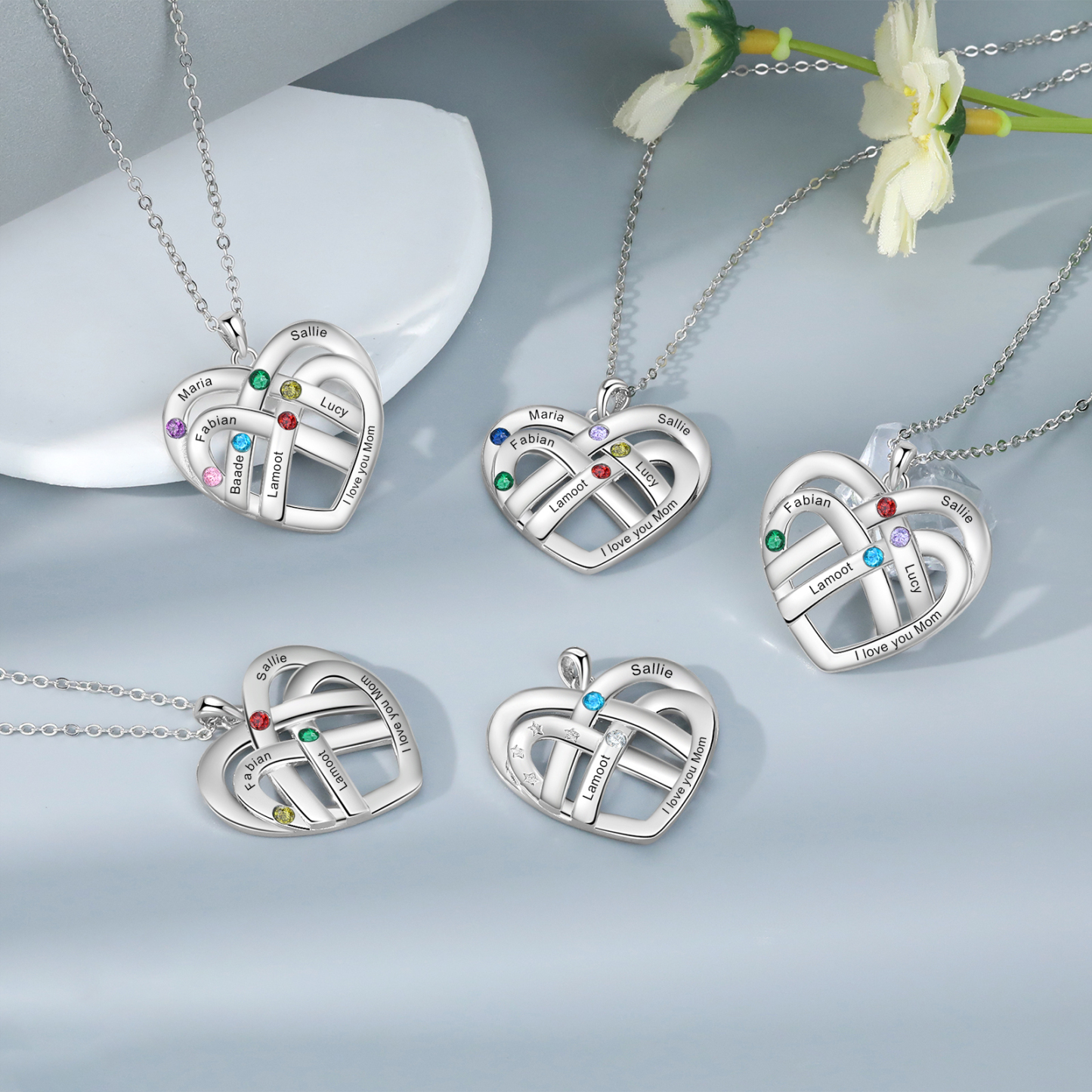 Collier Pendentif Cœur 4 Prénoms et 1 Texte Personnalisés avec 4 Pierres de Naissance Collier Femmes
