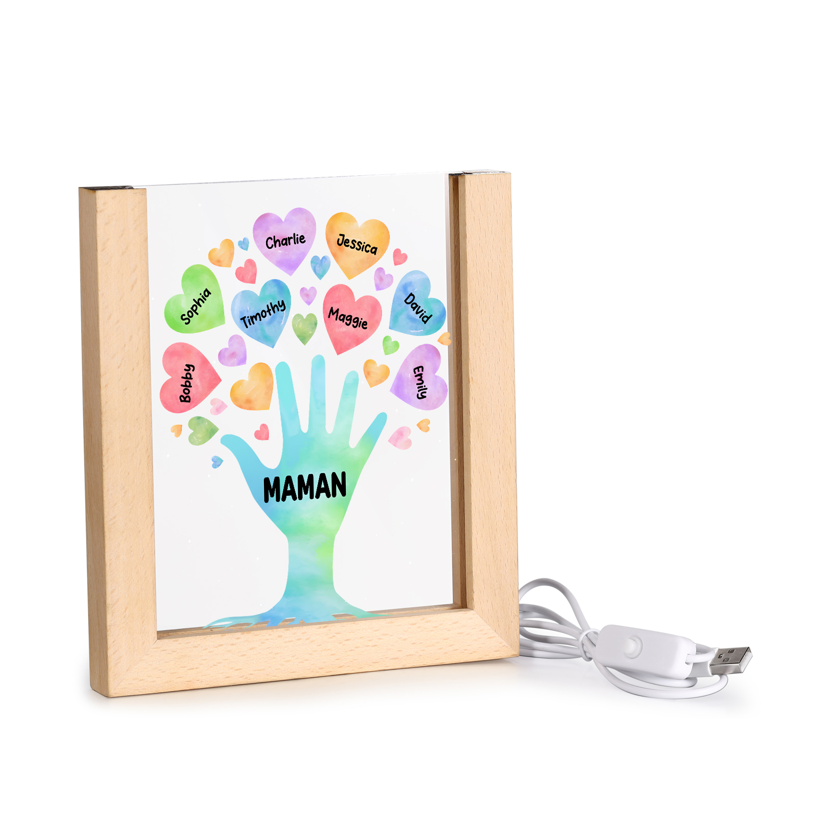 À Maman/Mamie - Lampe de chevet LED Main et Cœur 8 Prénoms Personnalisés avec 1 Texte