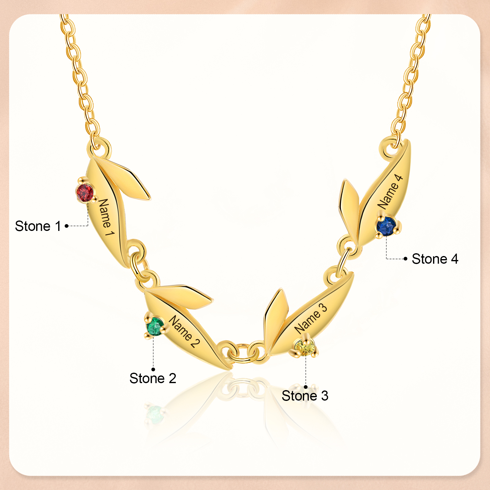 Collier Feuille 4 Prénoms Personnalisés avec Pierre de naissance Collier Femmes