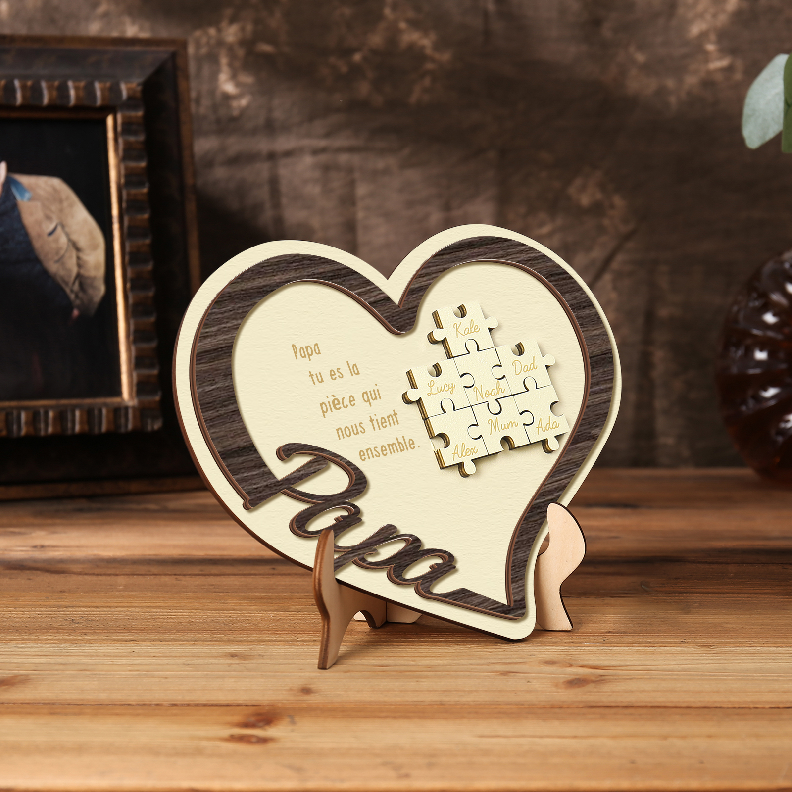 À mon Papa - Décoration en bois Cœur Puzzle 7 Prénoms Personnalisés Ornement pour Famille