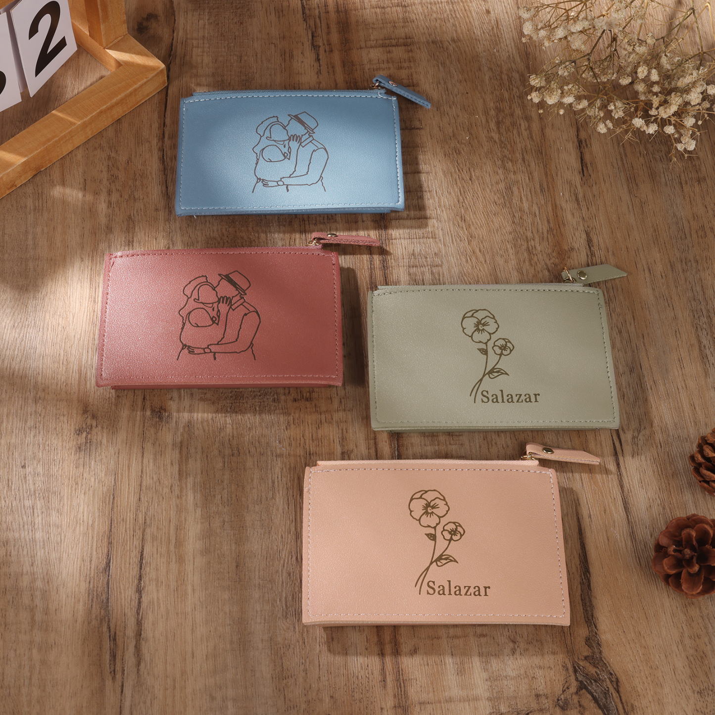 Portefeuille Femme Prénom et Texte Personnalisés avec Fleurs de naissance Porte-Monnaie Carte