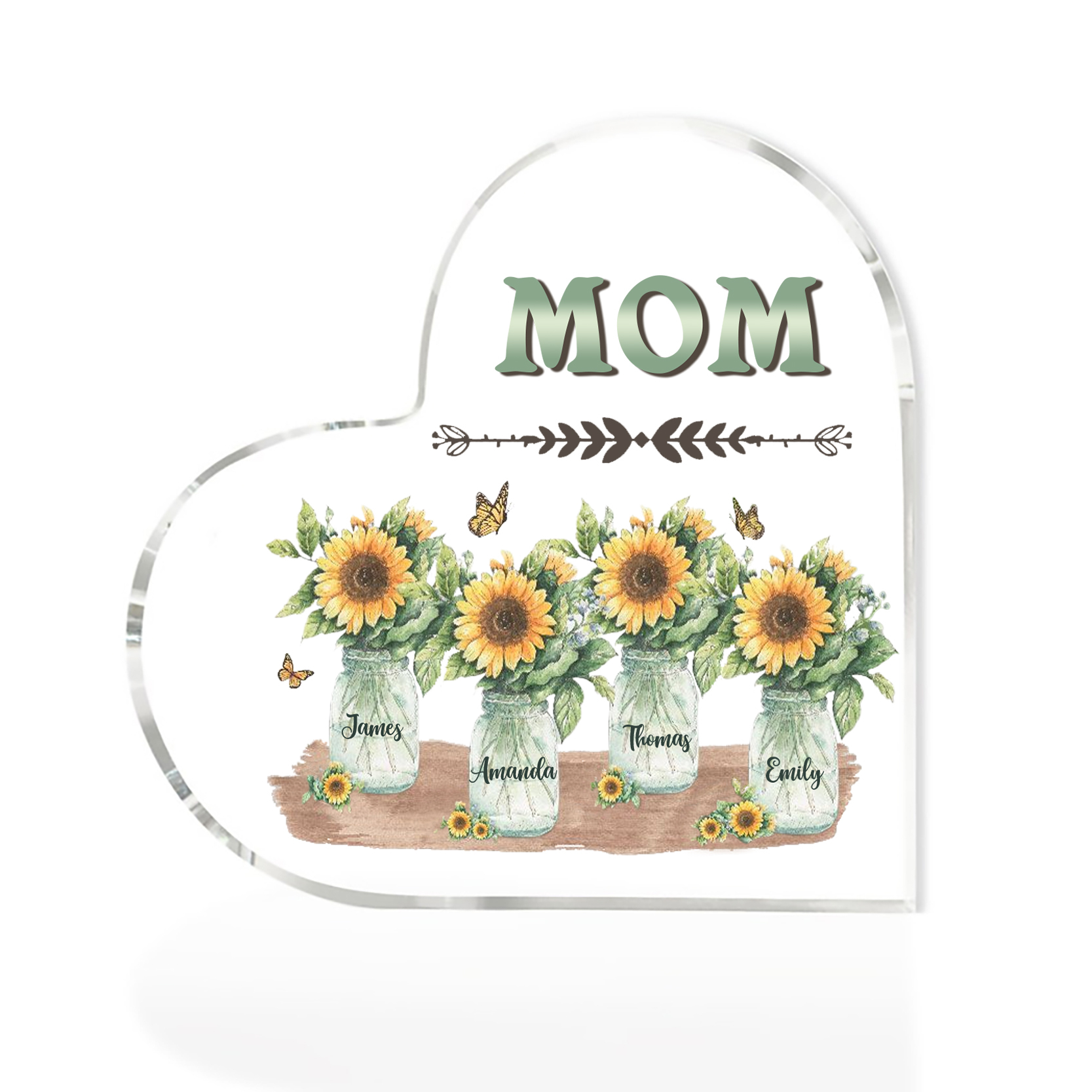 À ma Maman/Mamie - Plaque Acrylique en Forme de Cœur Fleurs 4 Prénoms Personnalisés avec 1 Texte