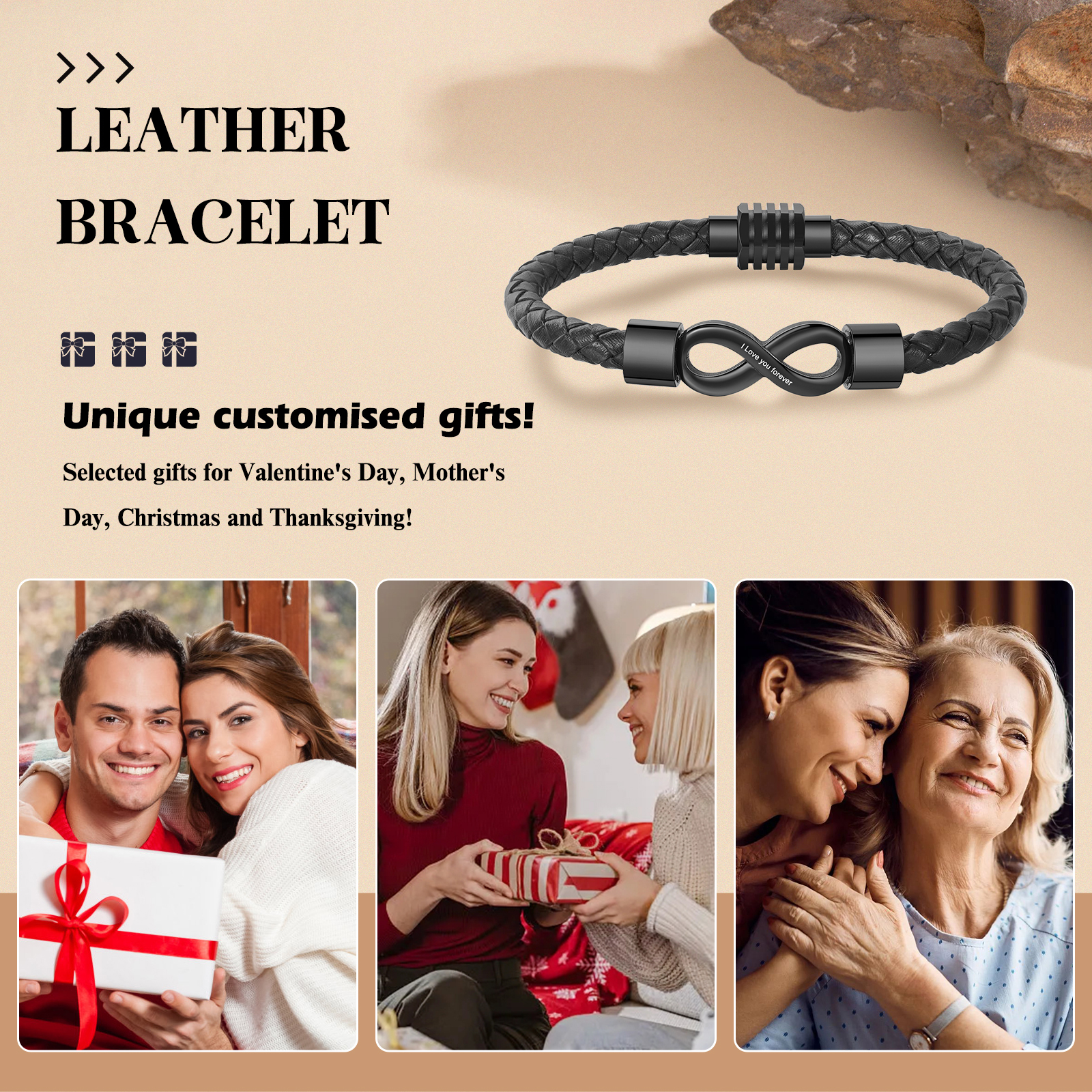 Bracelet Cuir Infini Magnétique 1 Texte Personnalisé pour Couple