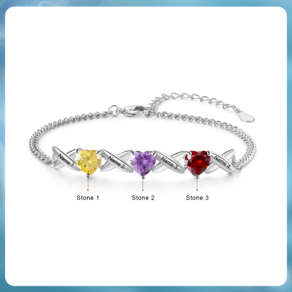 Bracelet Femmes 4 Prénoms Personnalisés avec 3 Pierres de Naissance