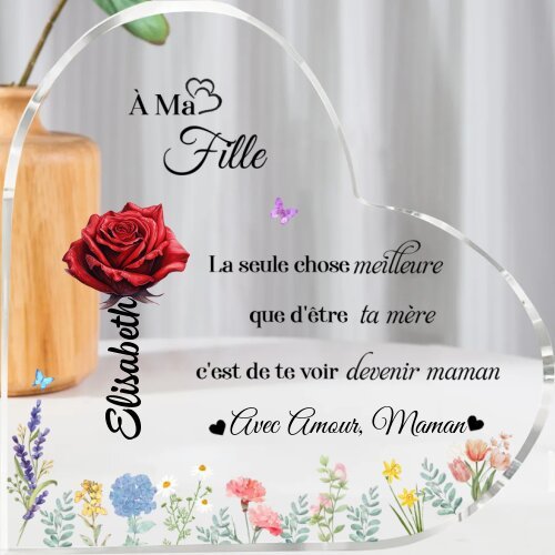 À ma Fille - Plaque Acrylique Cœur personnalisé avec 1 Prénom, Fleur de naissance et Texte Déco de Maison | Jessemade