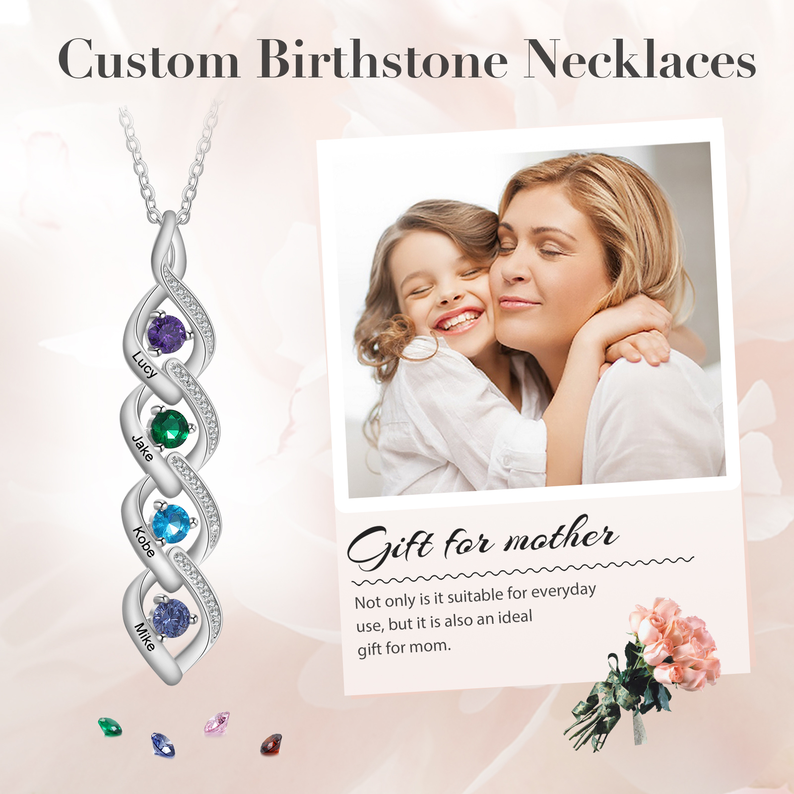 Collier Pendentif DNA 4 Prénoms Personnalisés avec Pierres de naissance